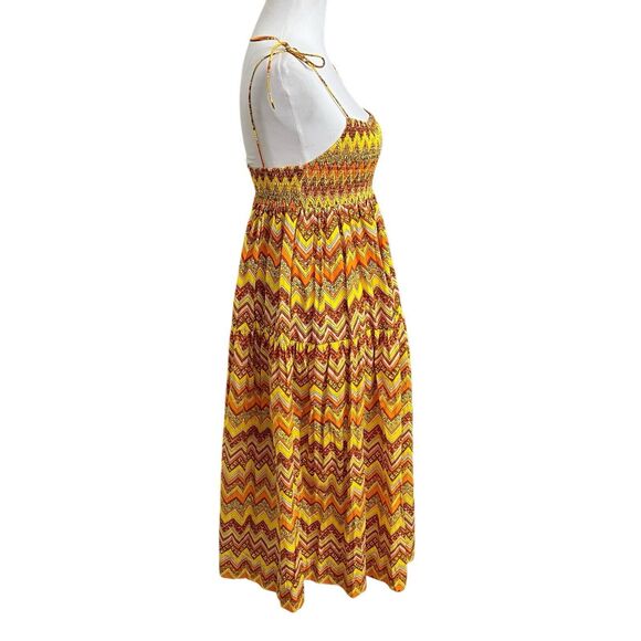 SWF Zigzag Midi Dress Women’s Size Small Yellow Smocked Cotton Tie Shoulder - Picture 5 of 10